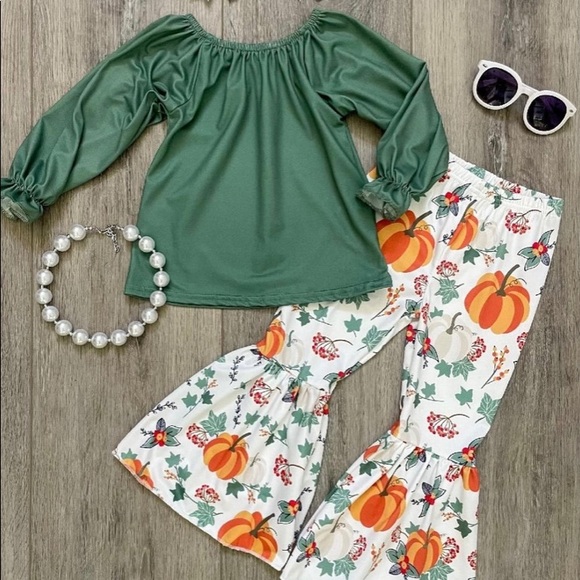 Green 2pc Top and Matching Fall Pumpkin Bell Bottoms - Picture 1 of 2